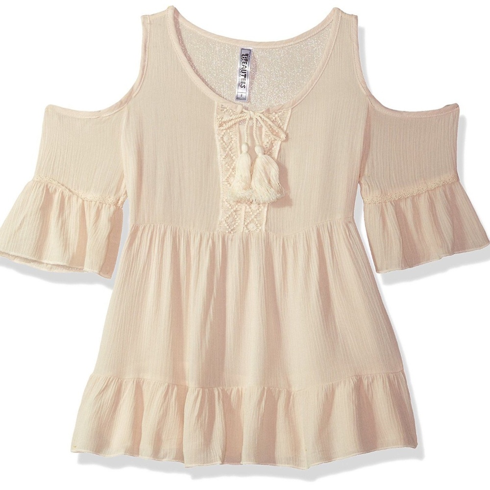 Beautees Girl Ivory Cold Shoulder Top Peasant Top Ecru Sz S 7/8 Bell Sleeve NWT
